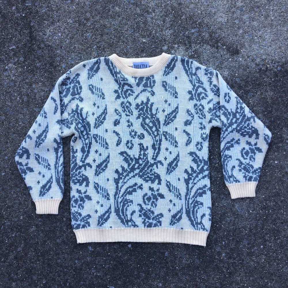 VTG Tarazzia Grandpa Sweater Medium Cream Gray Wool Blend Eclectic Indie Sleaze